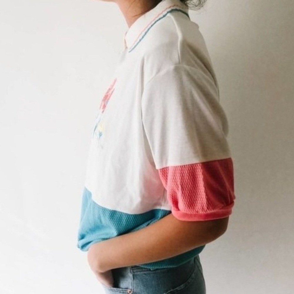 Pykettes Vintage Floral Embroidered Colorblock Polo Shirt White Pink Teal Large - Picture 6 of 8